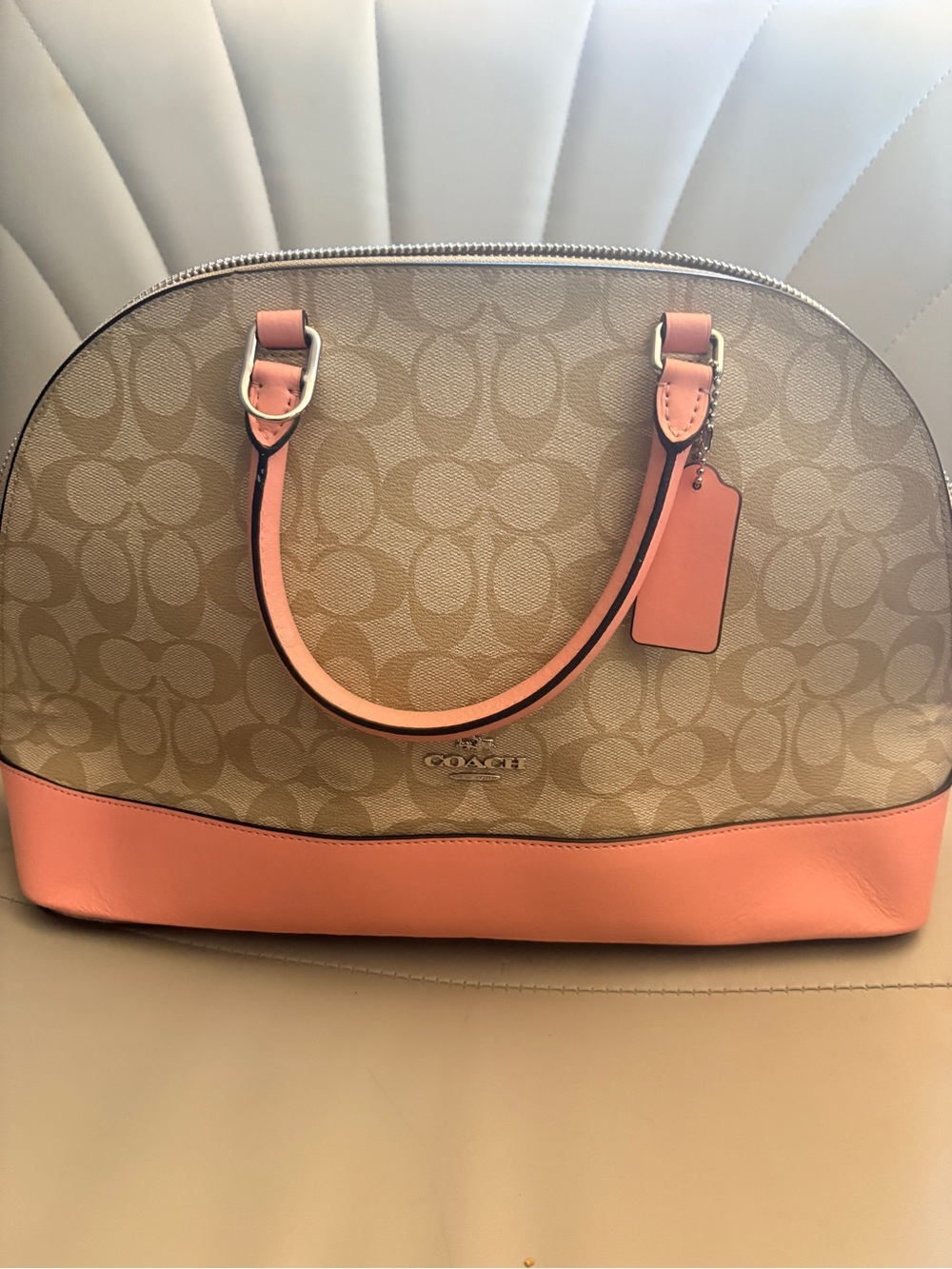 Coach Khaki Signature Dome Satchel with Pink Trim